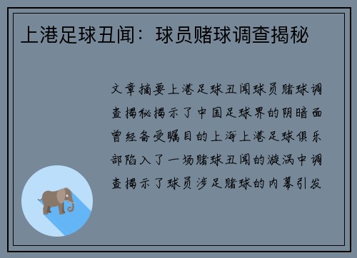 上港足球丑闻：球员赌球调查揭秘